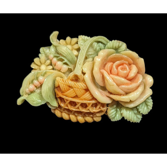 Vintage Cottagecore Japanese Carved Celluloid Brooch