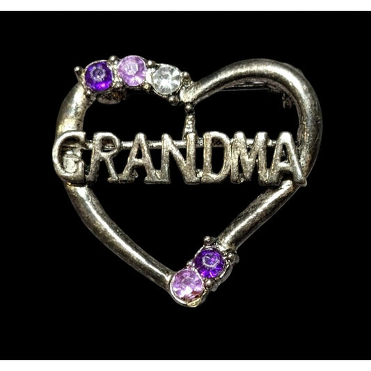 Vintage Silver And Purple Rhinestone Grandma Heart Brooch