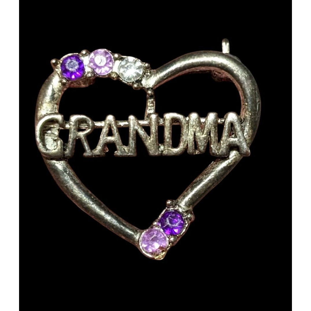 Vintage Silver And Purple Rhinestone Grandma Heart Brooch