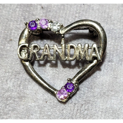 Vintage Silver And Purple Rhinestone Grandma Heart Brooch