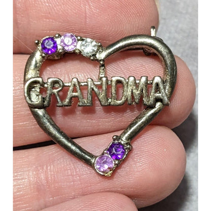 Vintage Silver And Purple Rhinestone Grandma Heart Brooch