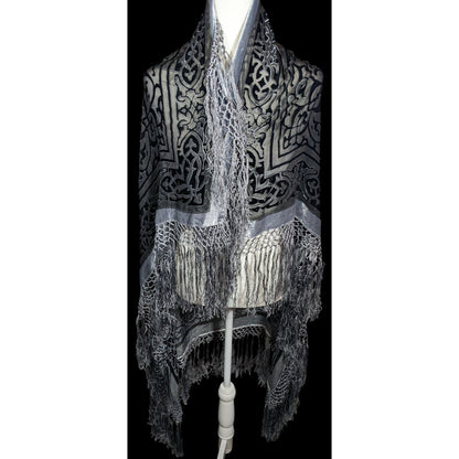 Vintage Gothic Celtic Knot Black And Silver Burnt Velvet Scarf With Fringe