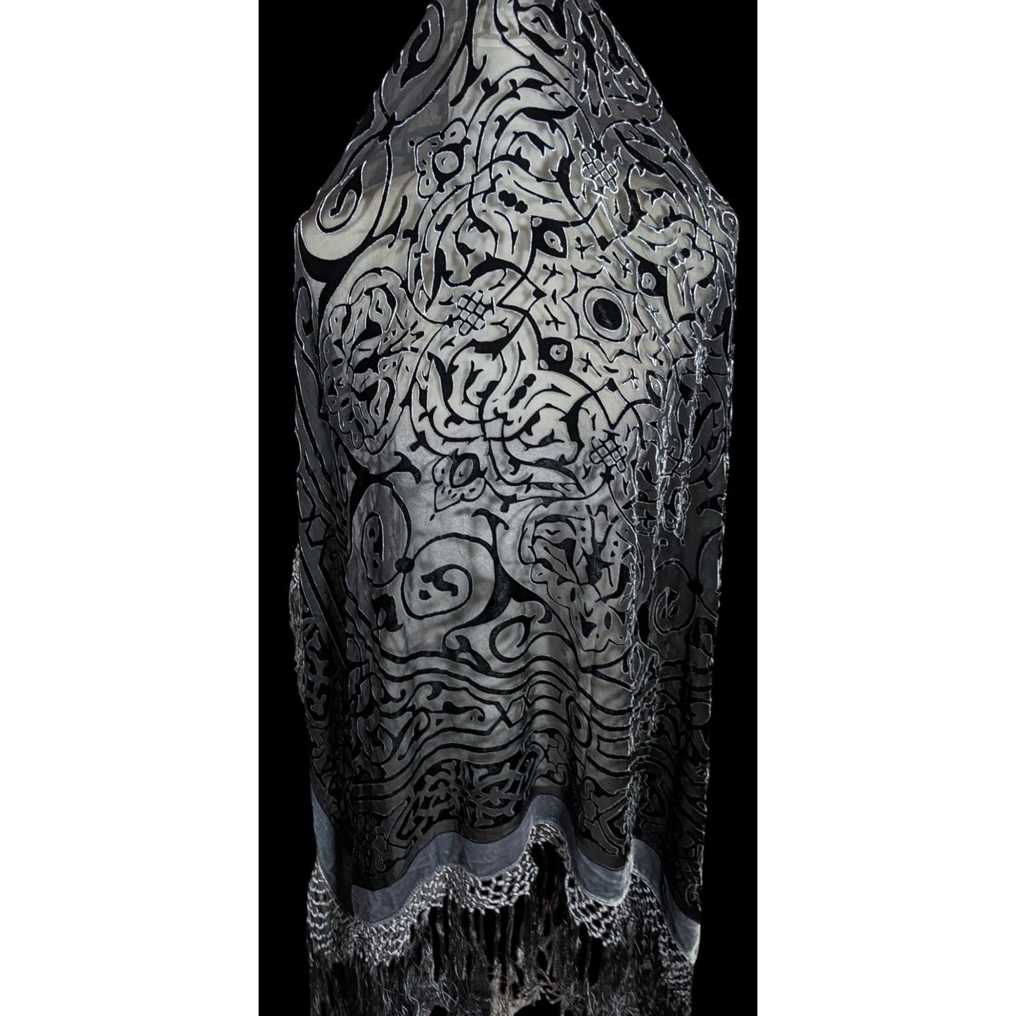 Vintage Gothic Celtic Knot Black And Silver Burnt Velvet Scarf With Fringe