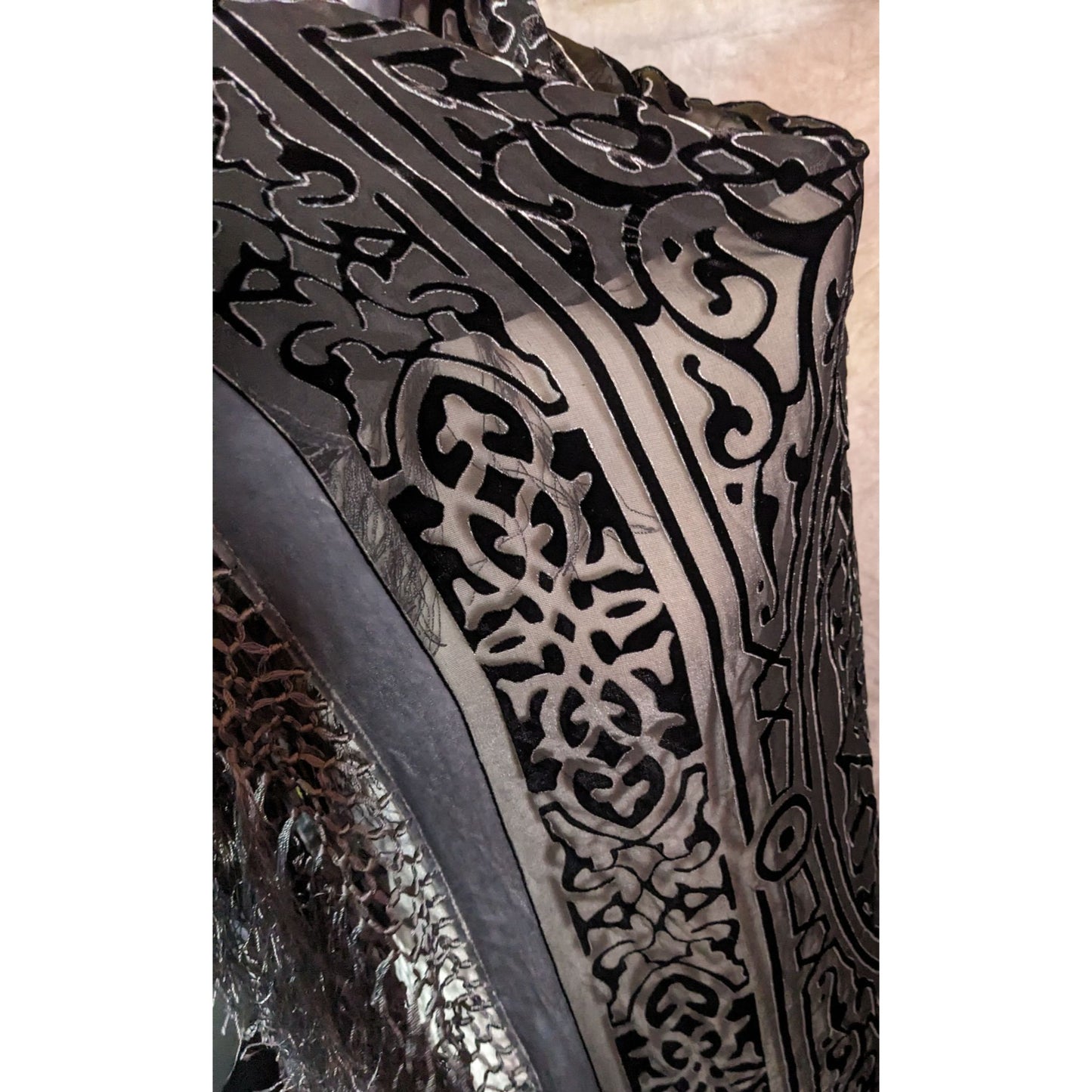 Vintage Gothic Celtic Knot Black And Silver Burnt Velvet Scarf With Fringe