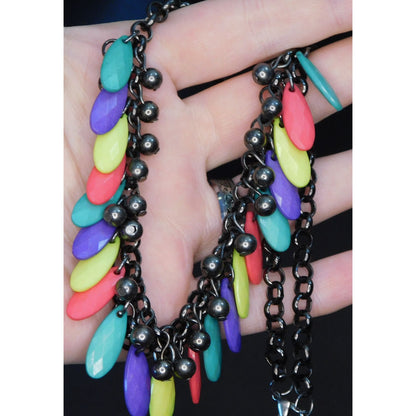 Vintage 80s Rainbow Fringe Beaded Necklace