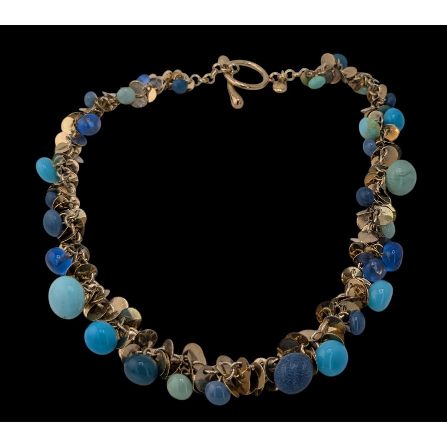 Vintage Liz Claiborne Blue Charm Necklace Gold Tone Beaded Statement Bib Necklace