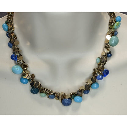 Vintage Liz Claiborne Blue Charm Necklace Gold Tone Beaded Statement Bib Necklace