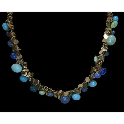 Vintage Liz Claiborne Blue Charm Necklace Gold Tone Beaded Statement Bib Necklace
