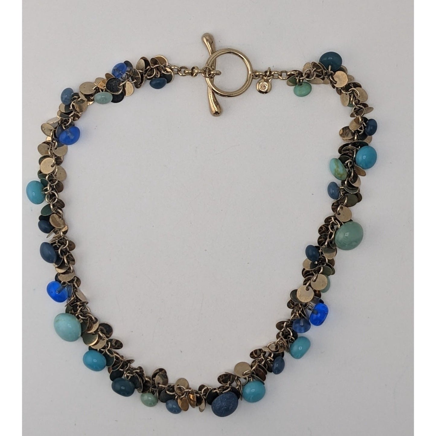 Vintage Liz Claiborne Blue Charm Necklace Gold Tone Beaded Statement Bib Necklace