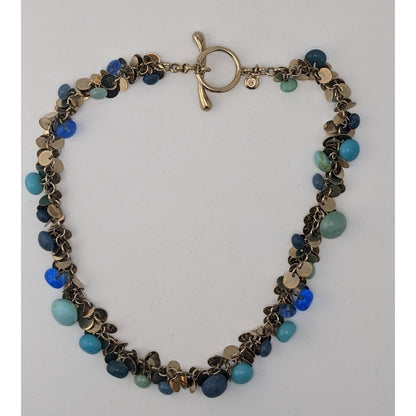 Vintage Liz Claiborne Blue Charm Necklace Gold Tone Beaded Statement Bib Necklace