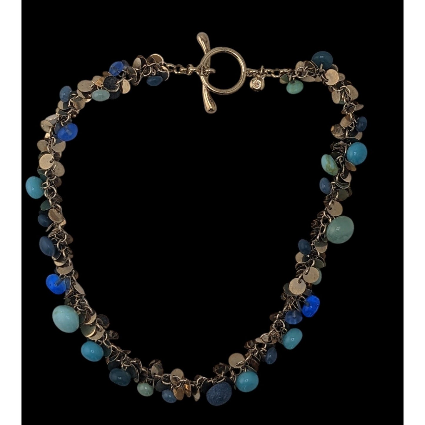 Vintage Liz Claiborne Blue Charm Necklace Gold Tone Beaded Statement Bib Necklace