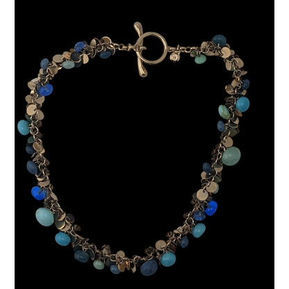 Vintage Liz Claiborne Blue Charm Necklace Gold Tone Beaded Statement Bib Necklace