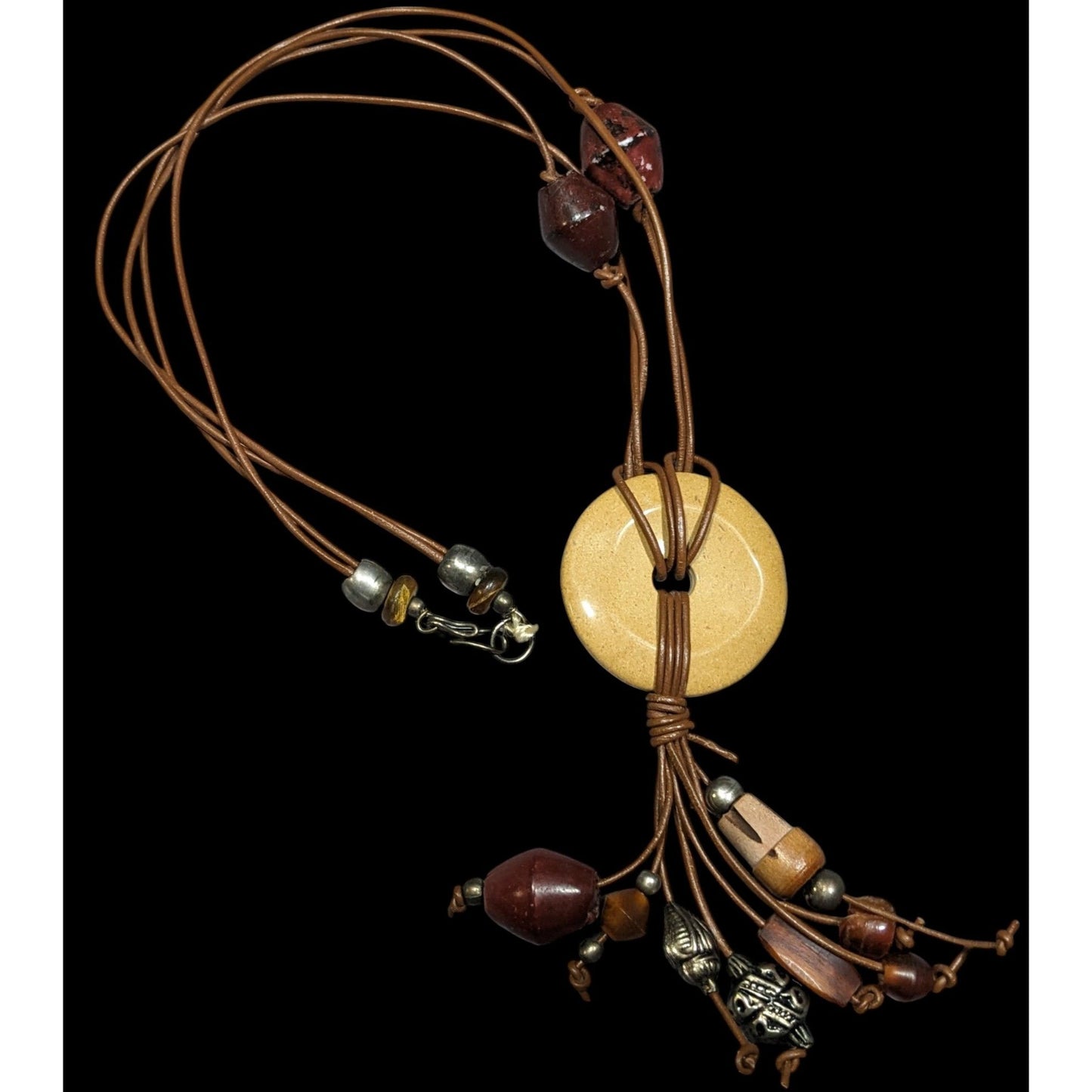 Vintage Bohemian Wood Stone And Metal Tassel Necklace