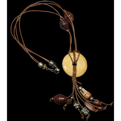 Vintage Bohemian Wood Stone And Metal Tassel Necklace
