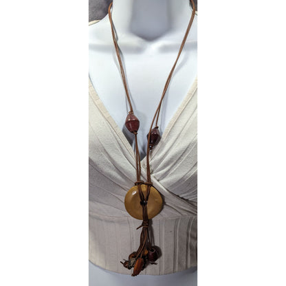 Vintage Bohemian Wood Stone And Metal Tassel Necklace
