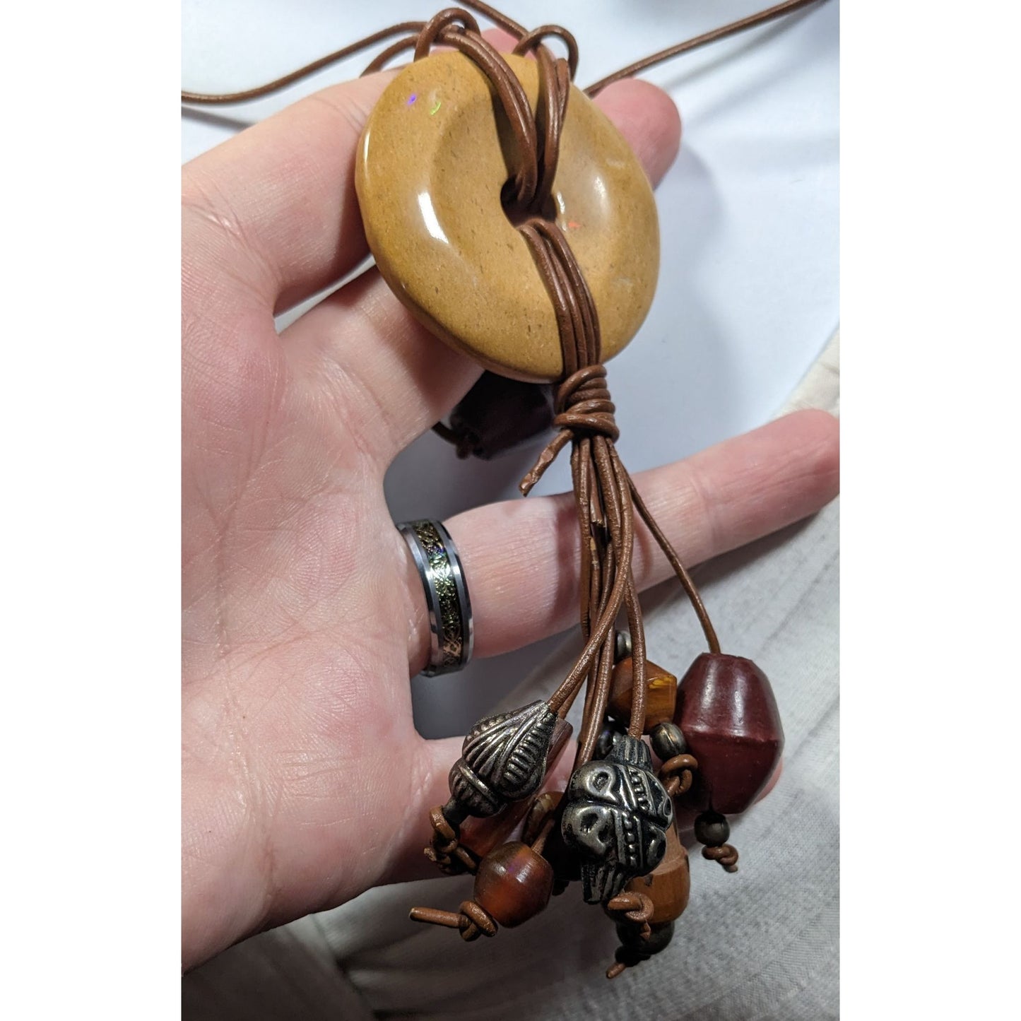 Vintage Bohemian Wood Stone And Metal Tassel Necklace