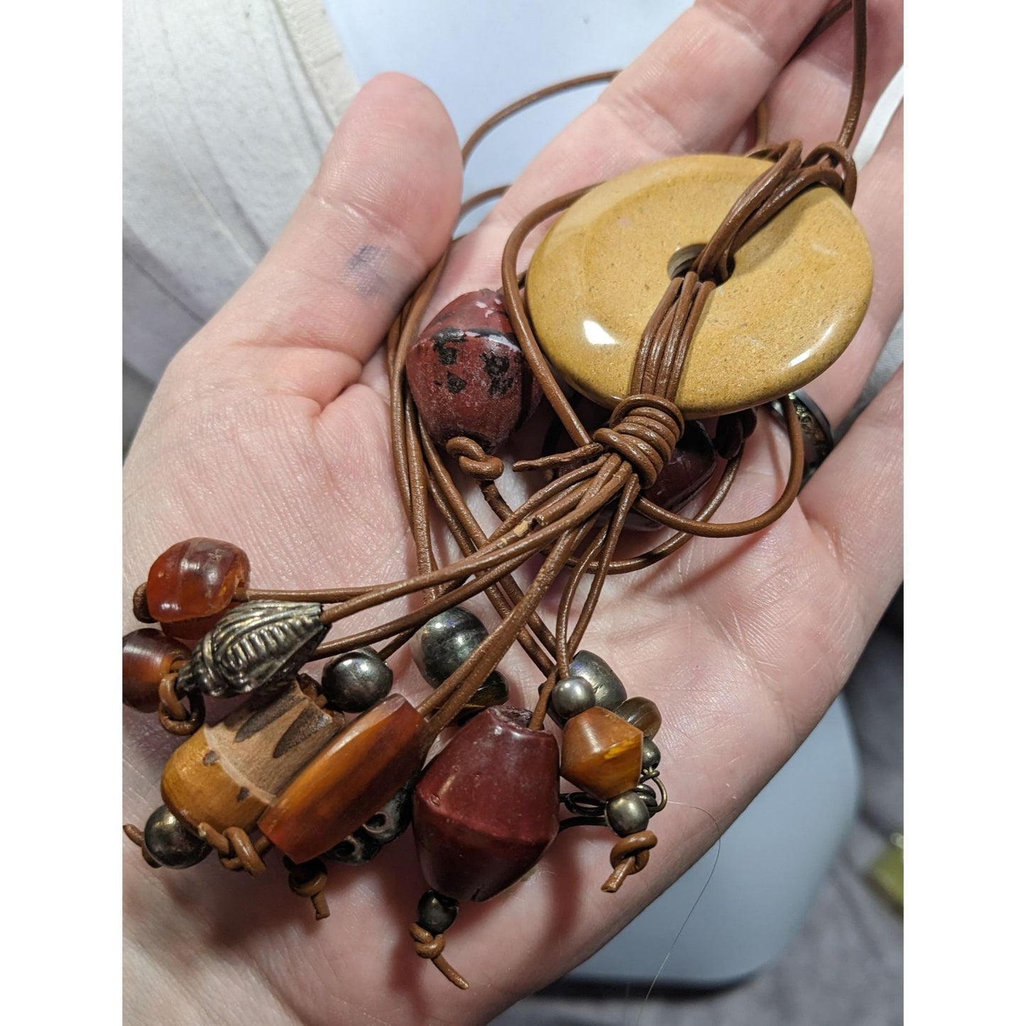 Vintage Bohemian Wood Stone And Metal Tassel Necklace