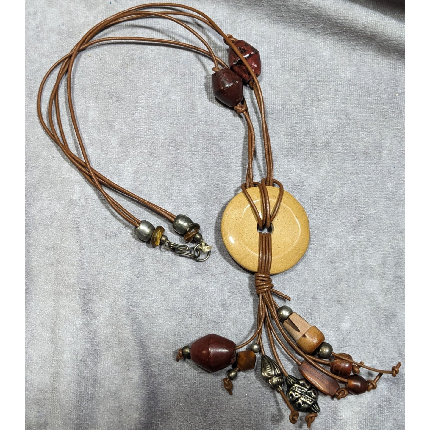 Vintage Bohemian Wood Stone And Metal Tassel Necklace