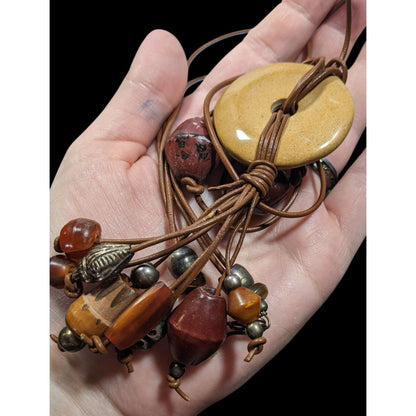 Vintage Bohemian Wood Stone And Metal Tassel Necklace