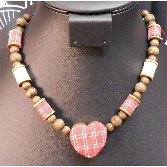 Rustic Plaid Heart Handmade Beaded Necklace