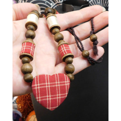 Rustic Plaid Heart Handmade Beaded Necklace