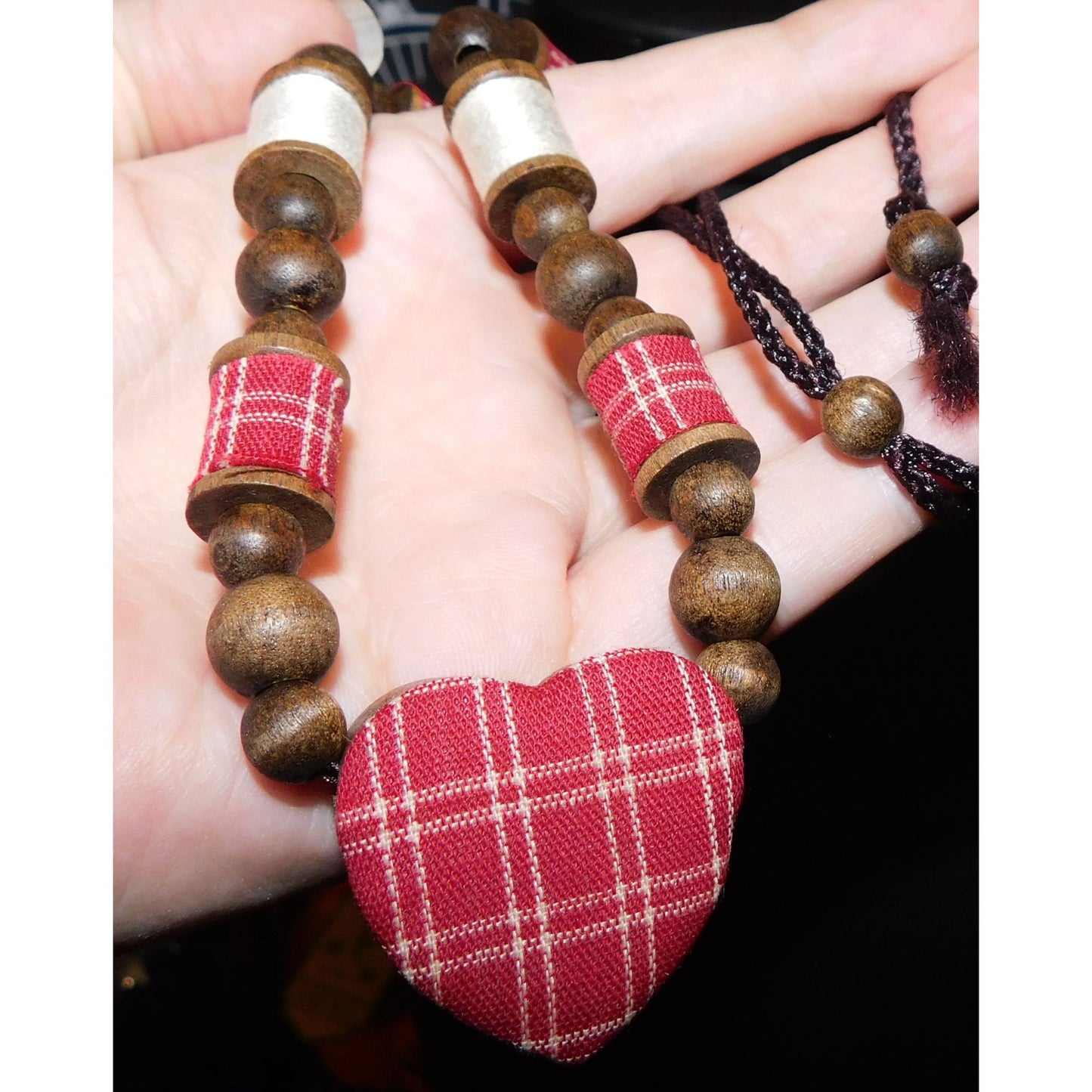 Rustic Plaid Heart Handmade Beaded Necklace