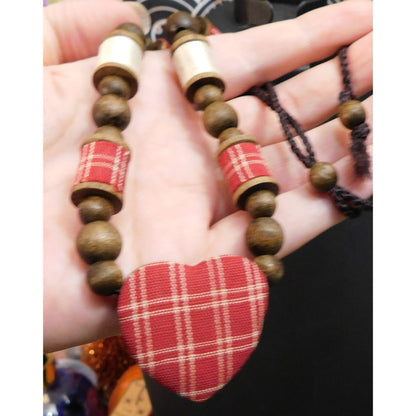 Rustic Plaid Heart Handmade Beaded Necklace