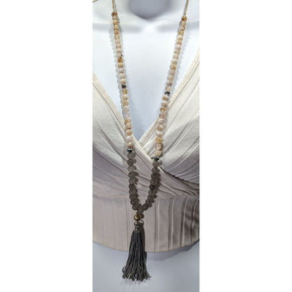Boho Chic Stone And Acrylic Beaded Tassel Necklace