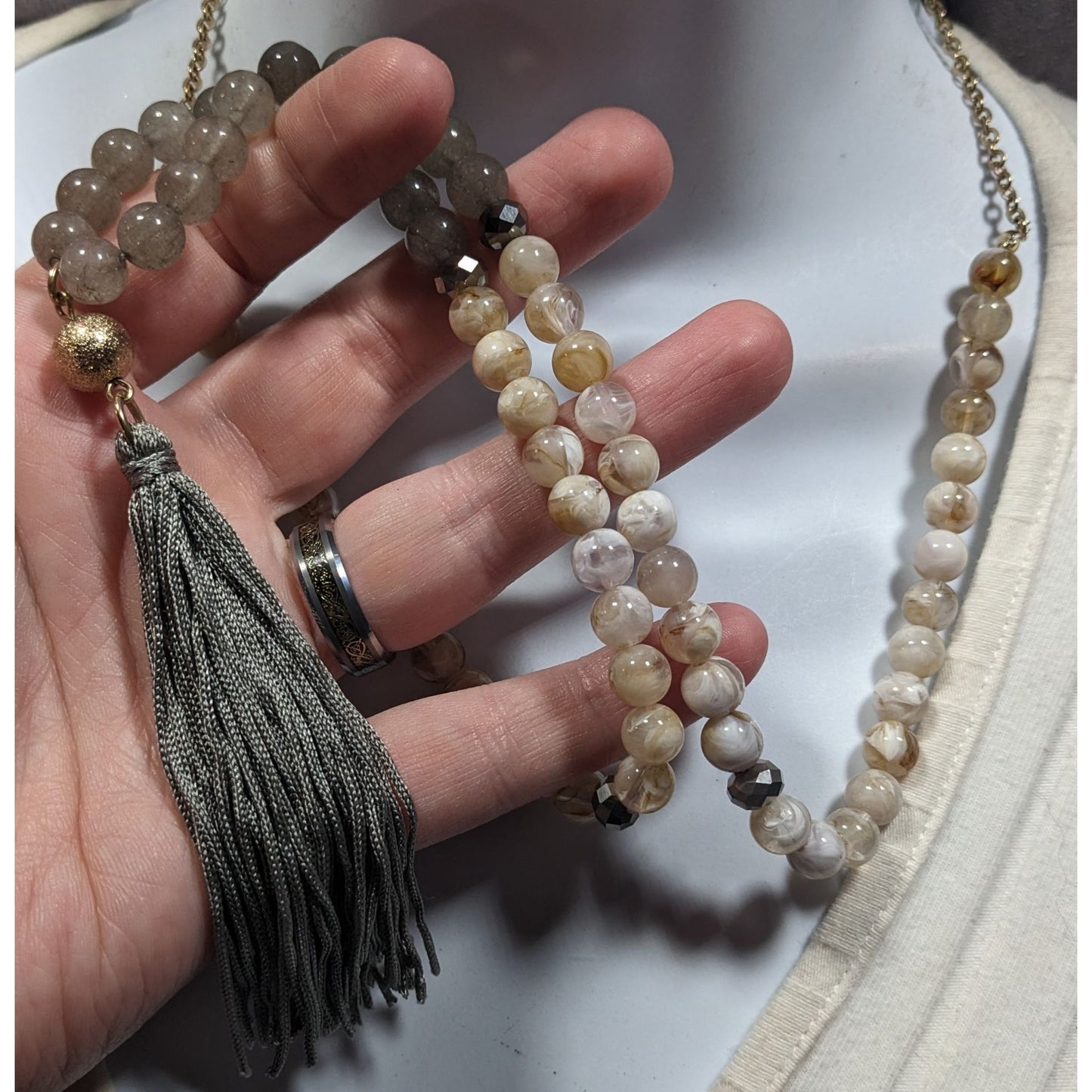 Boho Chic Stone And Acrylic Beaded Tassel Necklace