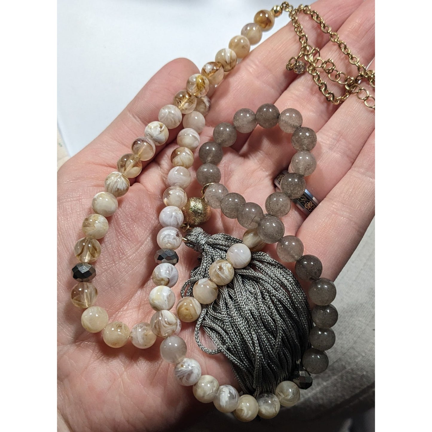 Boho Chic Stone And Acrylic Beaded Tassel Necklace