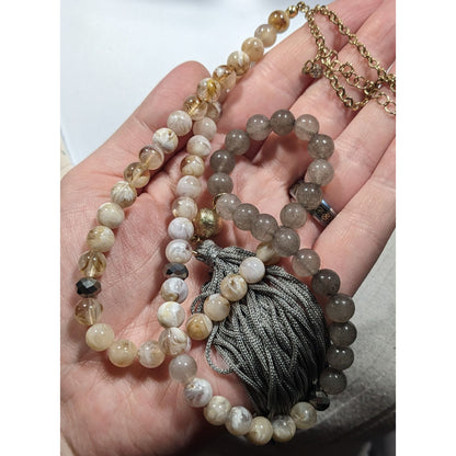 Boho Chic Stone And Acrylic Beaded Tassel Necklace