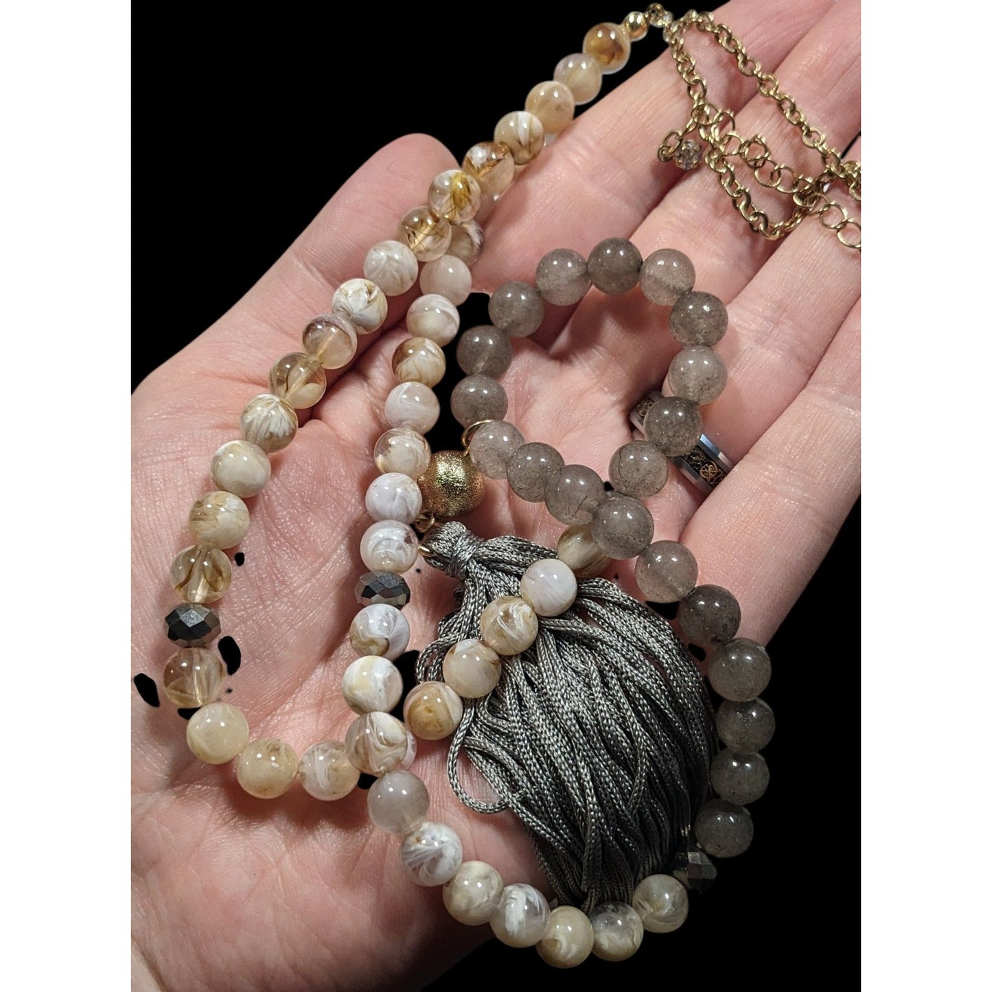 Boho Chic Stone And Acrylic Beaded Tassel Necklace