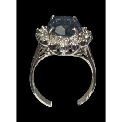 Elegant Whimsical Faux Sapphire Silver Tone Halo Ring Size 9