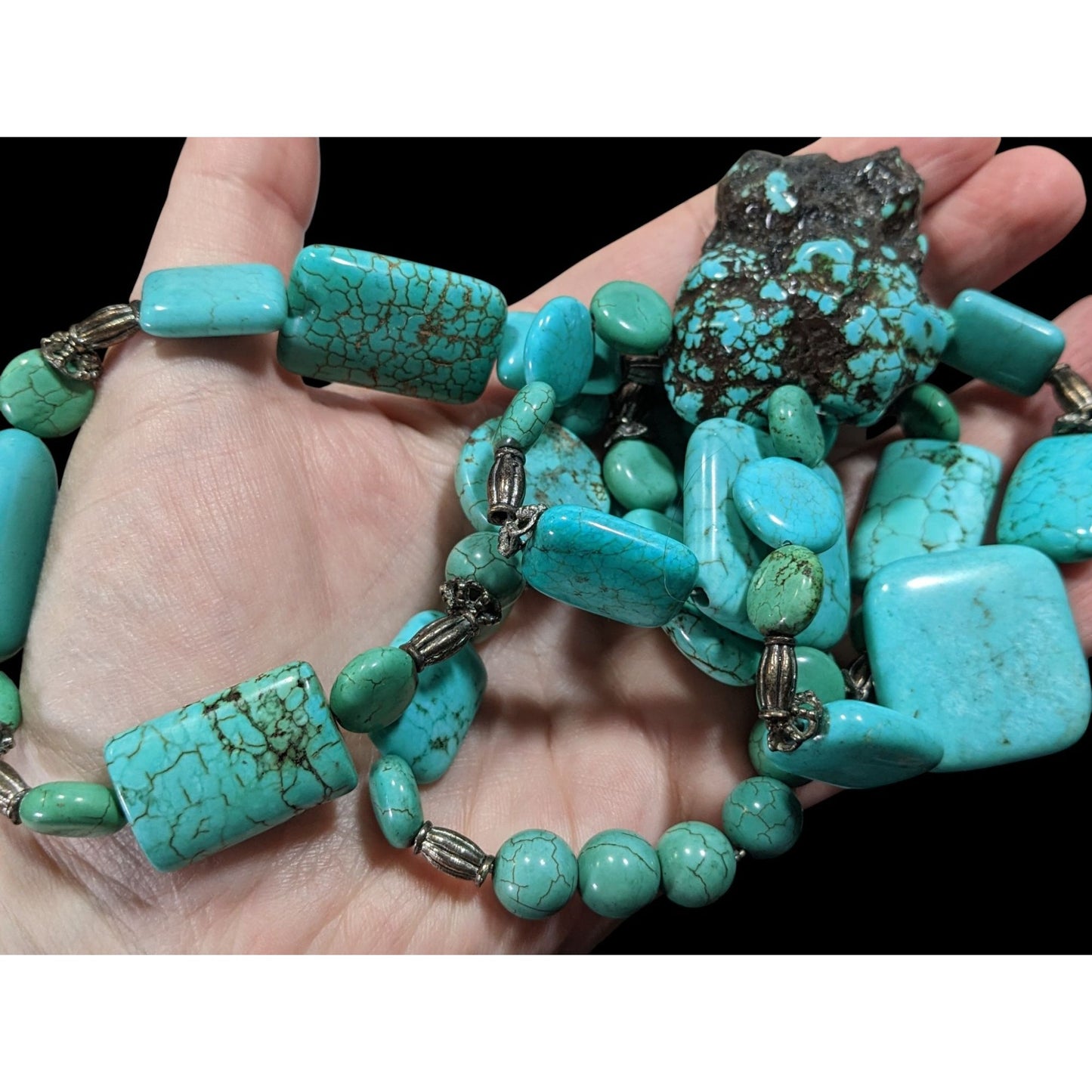 Vintage Handmade Chunky Turquoise Beaded Necklace With Silver Tone Accents