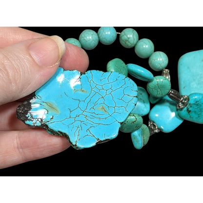 Vintage Handmade Chunky Turquoise Beaded Necklace With Silver Tone Accents