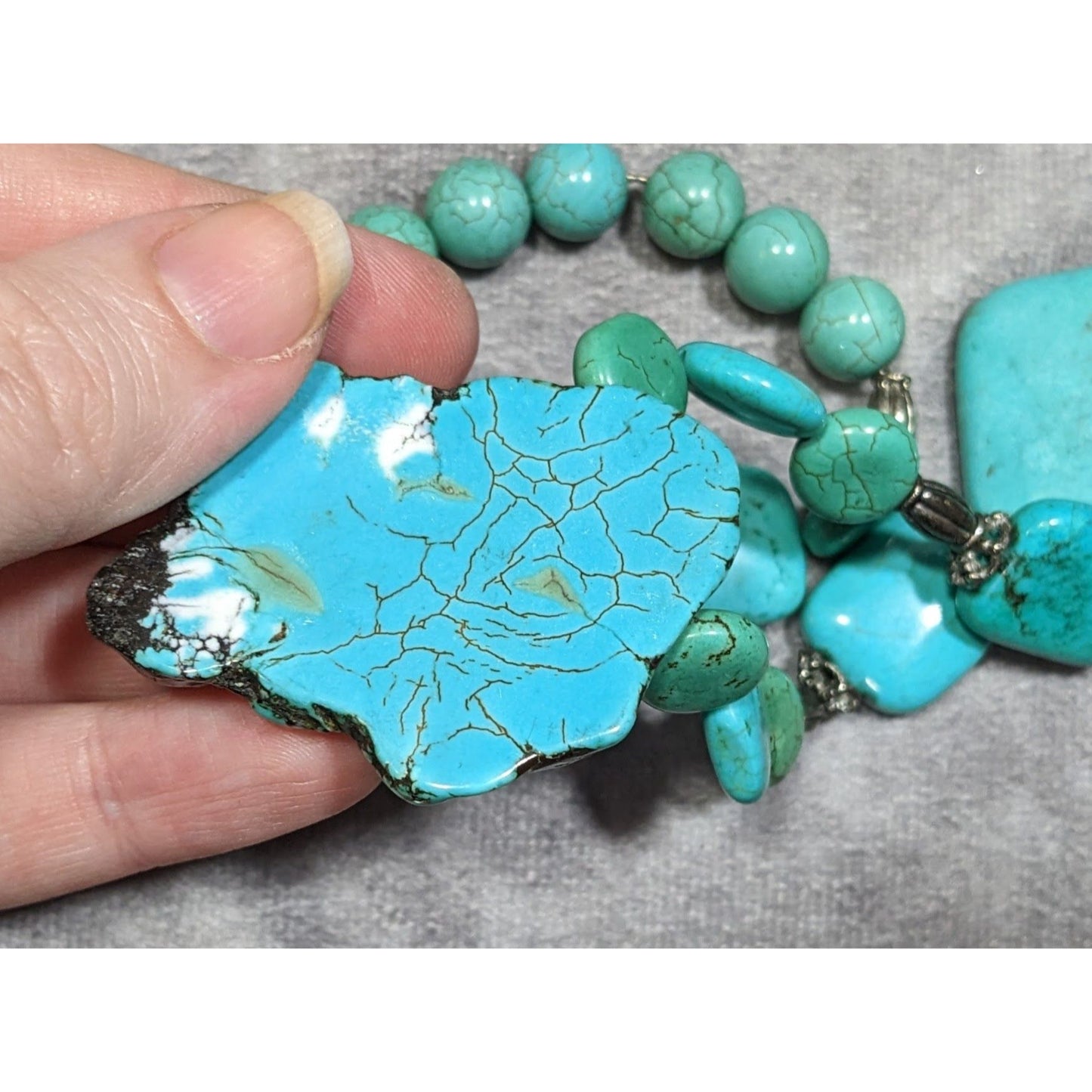 Vintage Handmade Chunky Turquoise Beaded Necklace With Silver Tone Accents