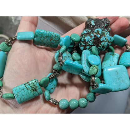 Vintage Handmade Chunky Turquoise Beaded Necklace With Silver Tone Accents
