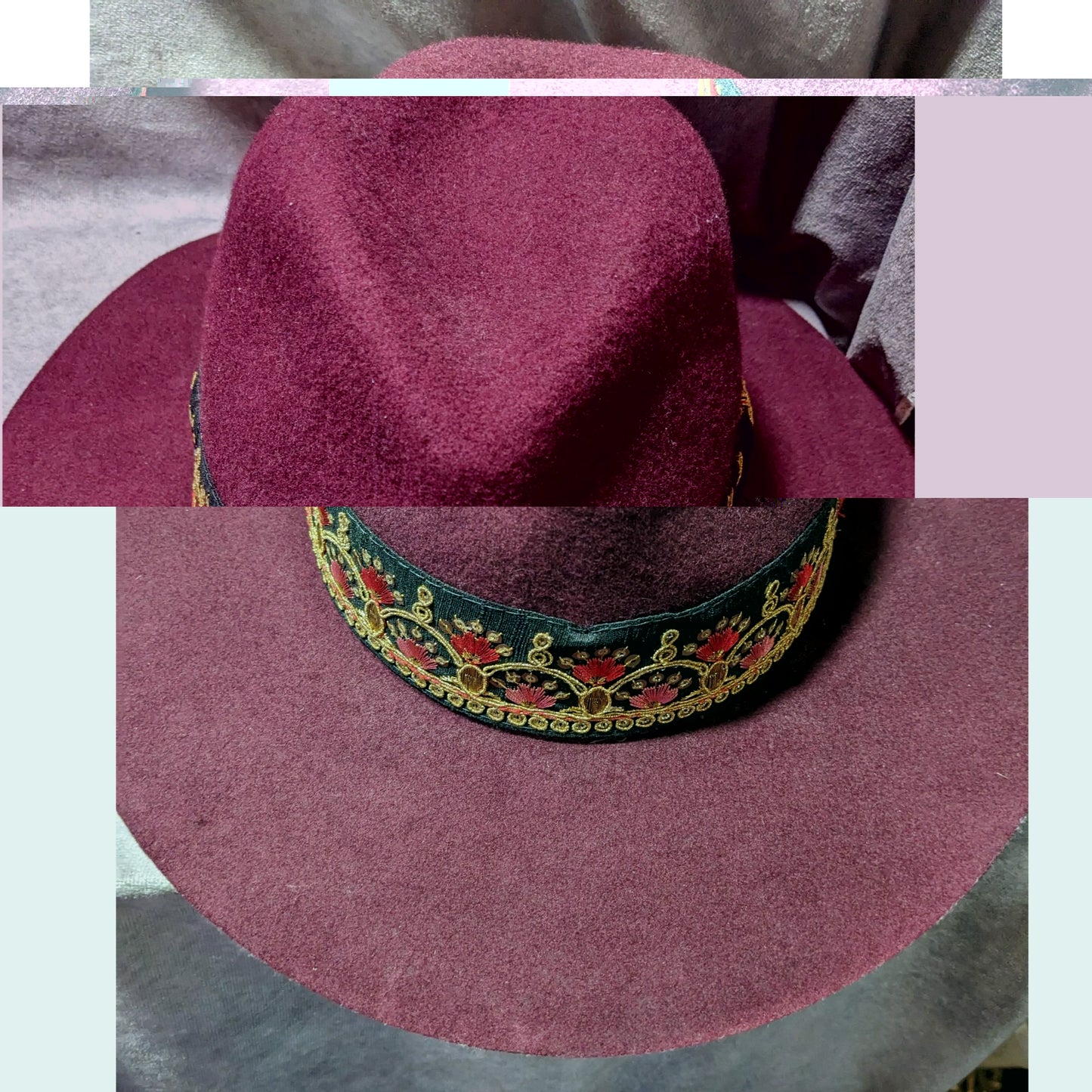 Maradji Burgundy Wool Felt Gold Floral Victor Hat