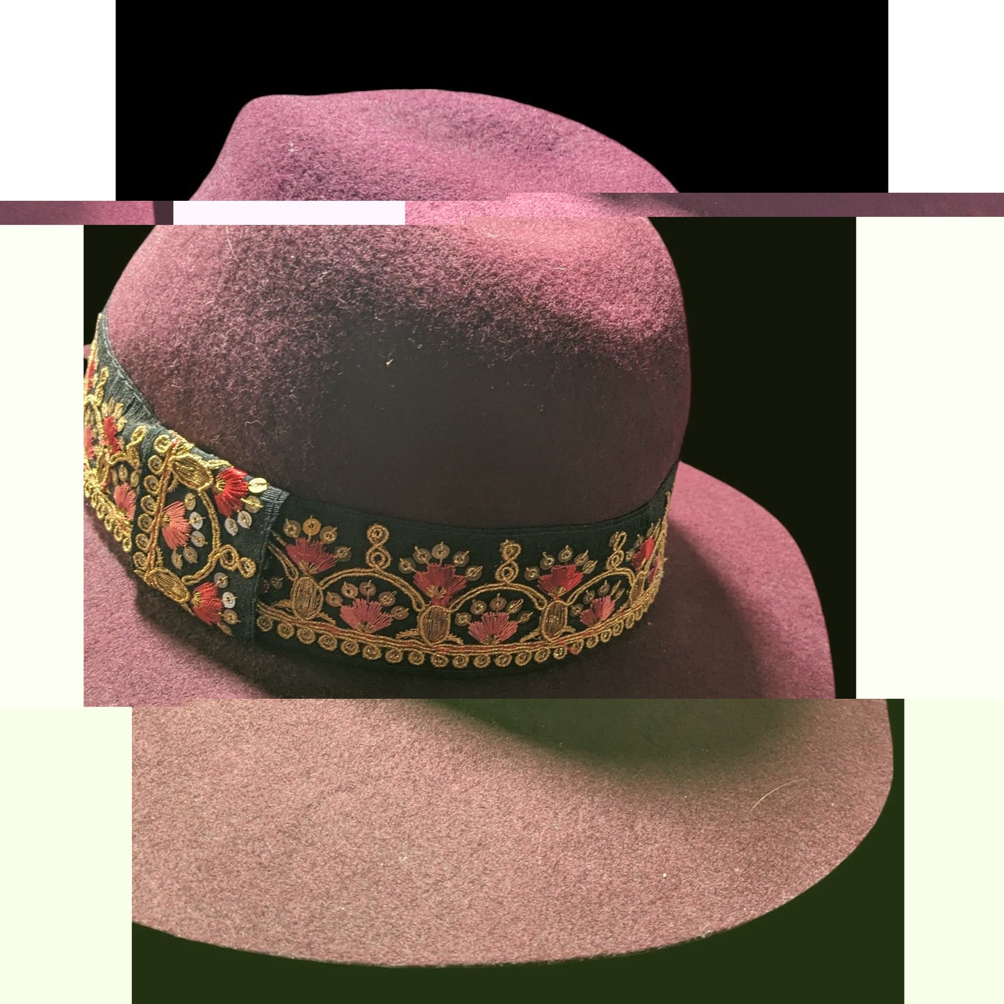 Maradji Burgundy Wool Felt Gold Floral Victor Hat