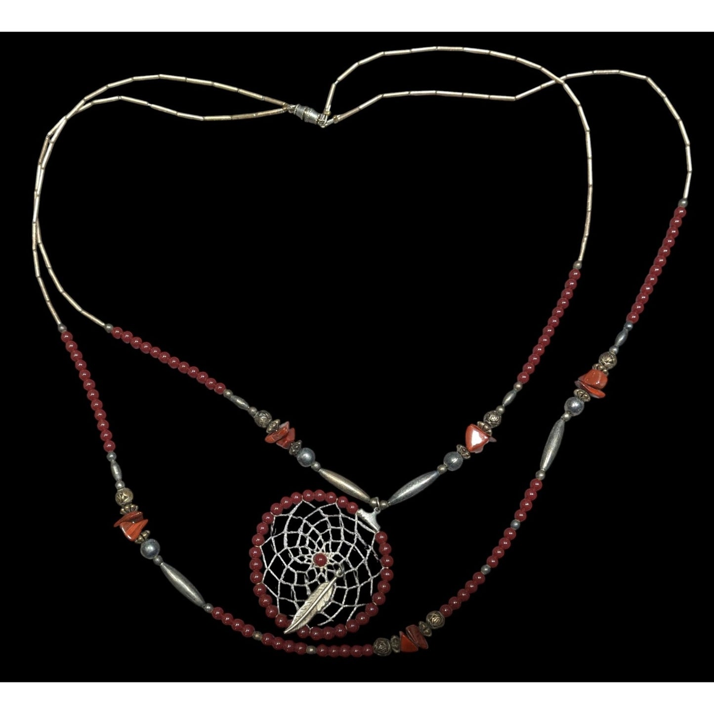 Vintage Handmade Native Dreamcatcher Necklace With Liquid Silver Jasper And Glass