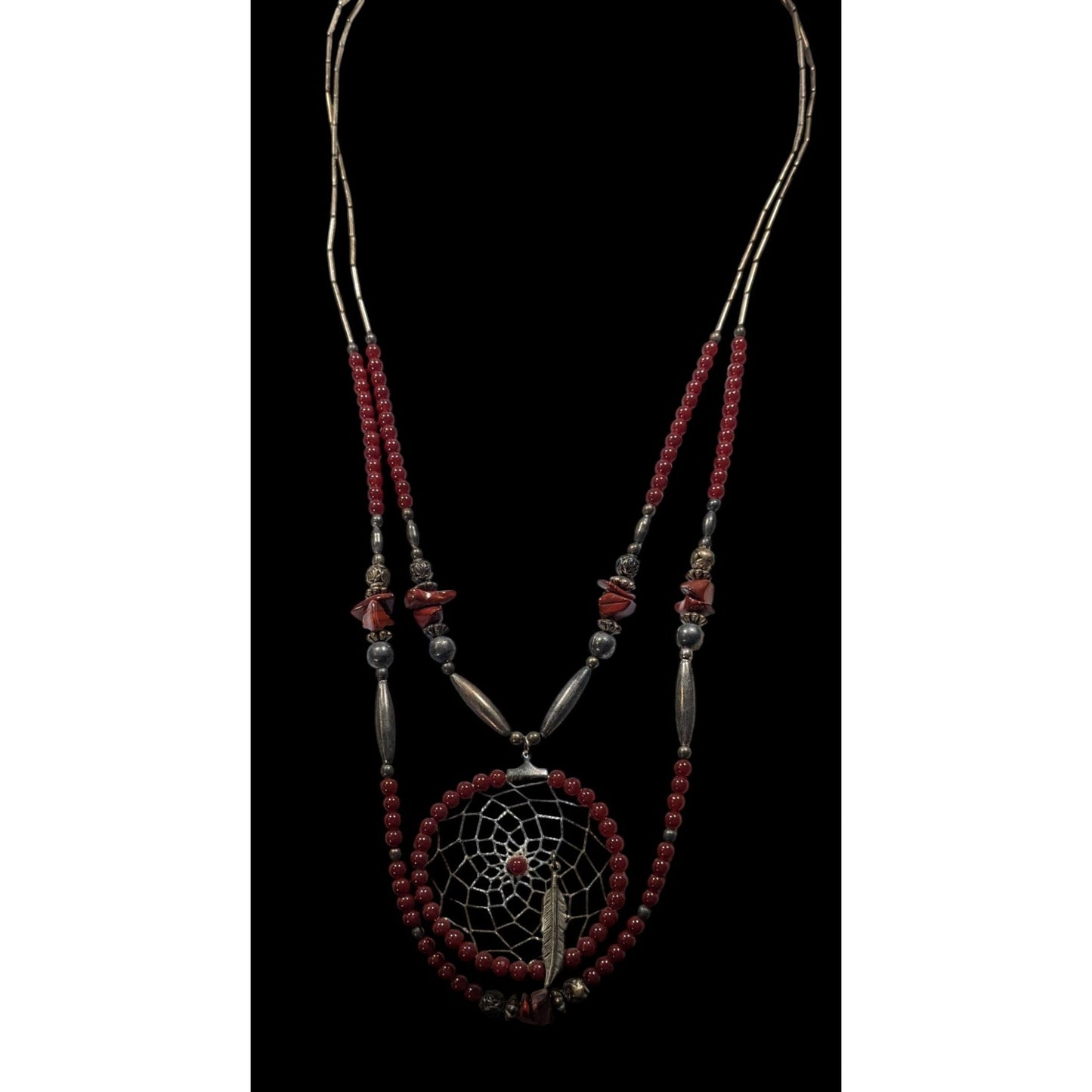 Vintage Handmade Native Dreamcatcher Necklace With Liquid Silver Jasper And Glass