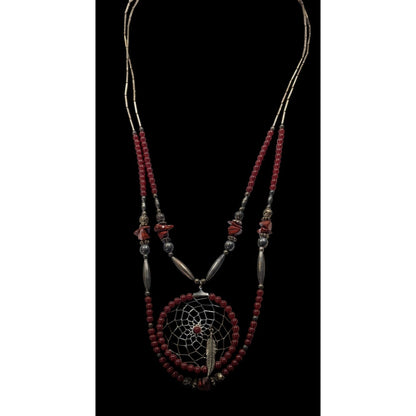 Vintage Handmade Native Dreamcatcher Necklace With Liquid Silver Jasper And Glass