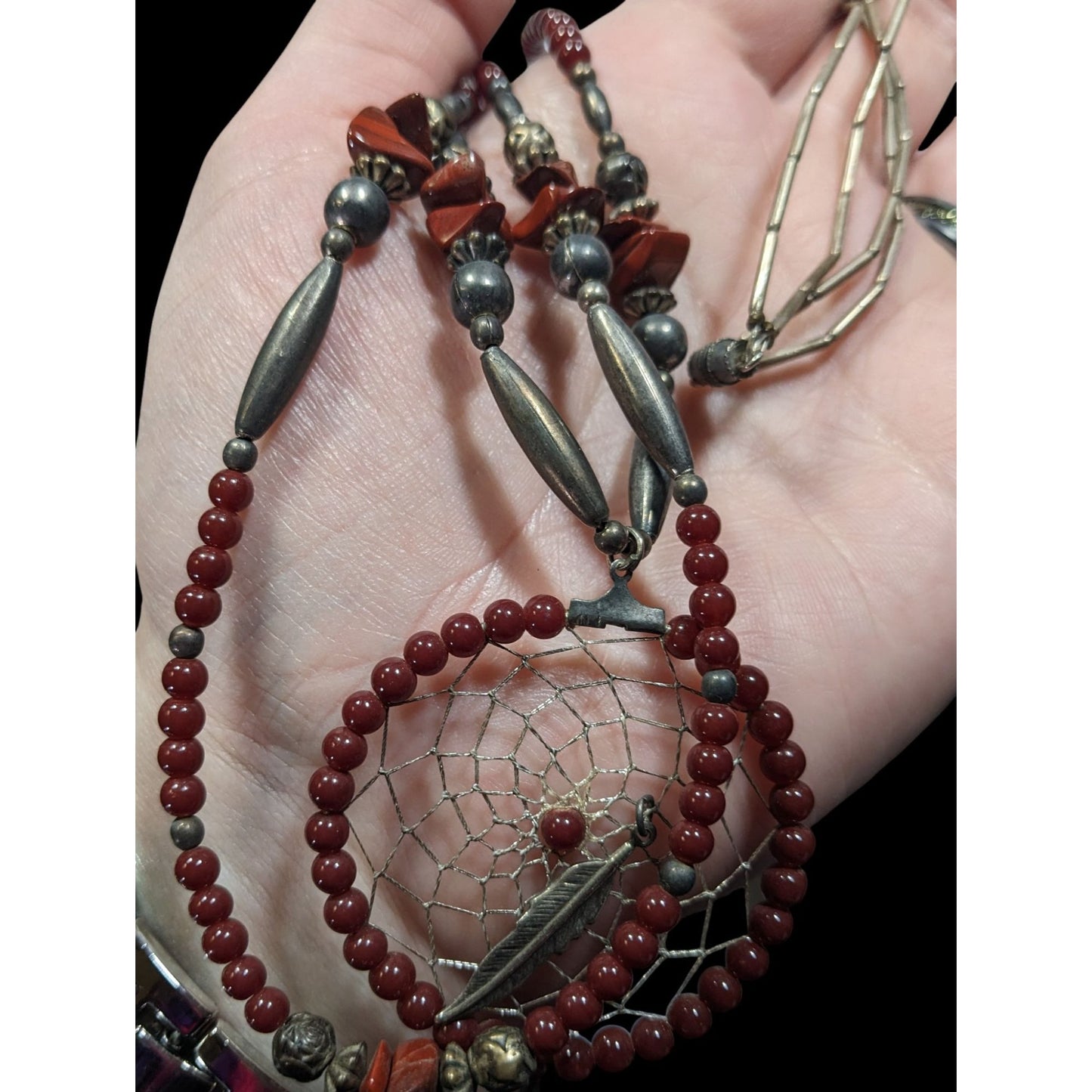 Vintage Handmade Native Dreamcatcher Necklace With Liquid Silver Jasper And Glass