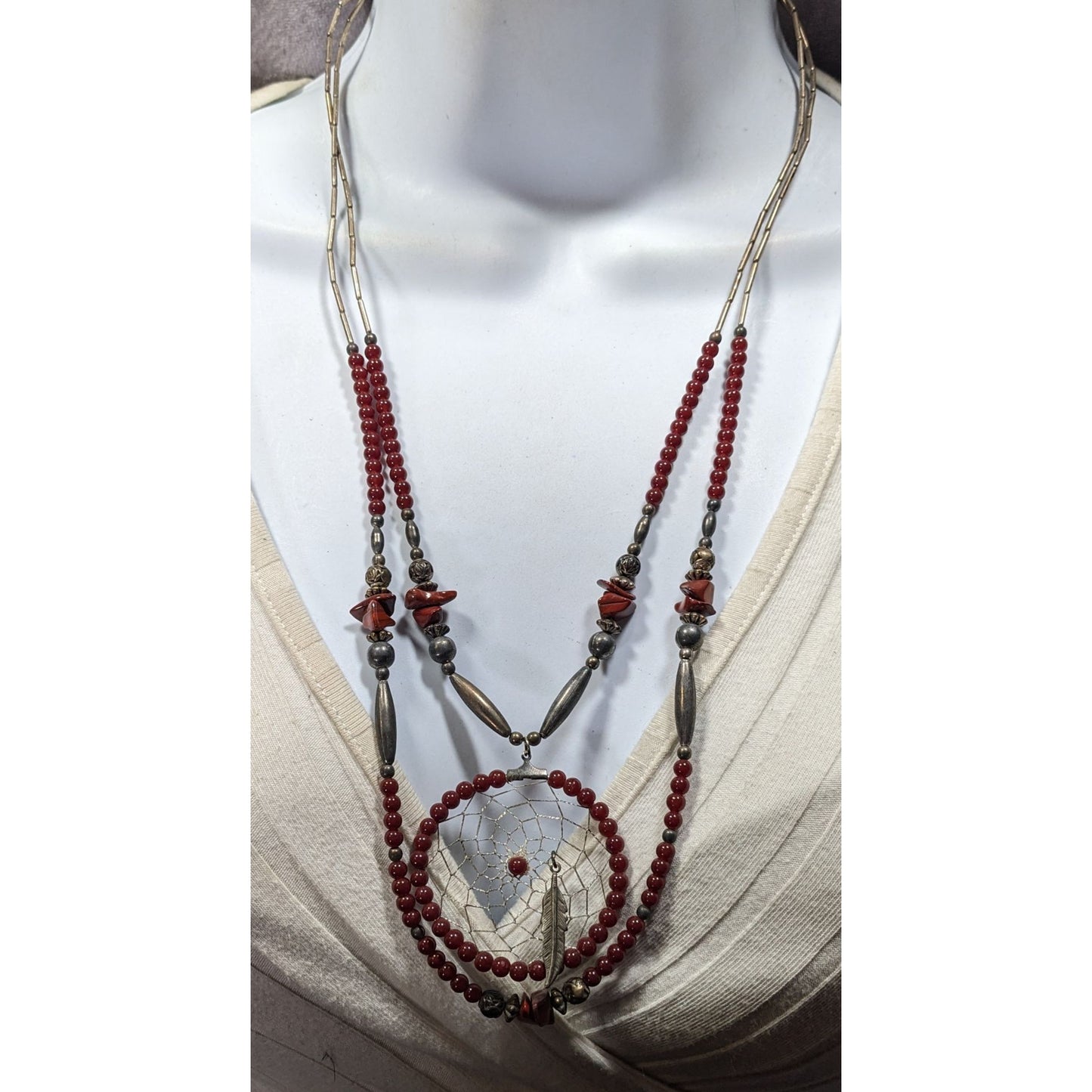 Vintage Handmade Native Dreamcatcher Necklace With Liquid Silver Jasper And Glass