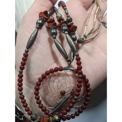 Vintage Handmade Native Dreamcatcher Necklace With Liquid Silver Jasper And Glass