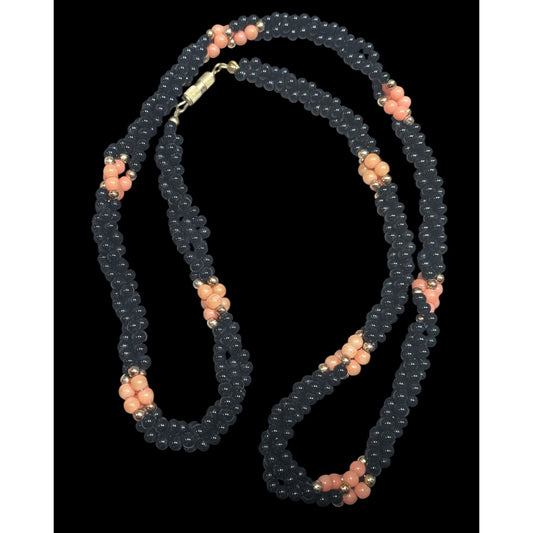 Vintage Twisted Black And Coral Tone Glass Beaded Necklace
