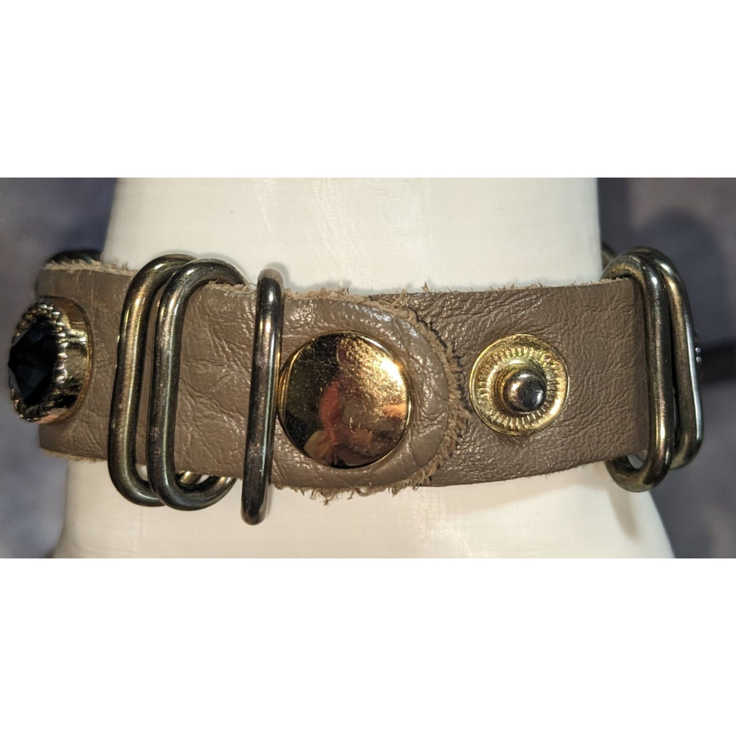 Boho Industrial Faux Leather Bracelet Black Crystal Stud Mixed Metal Hardware