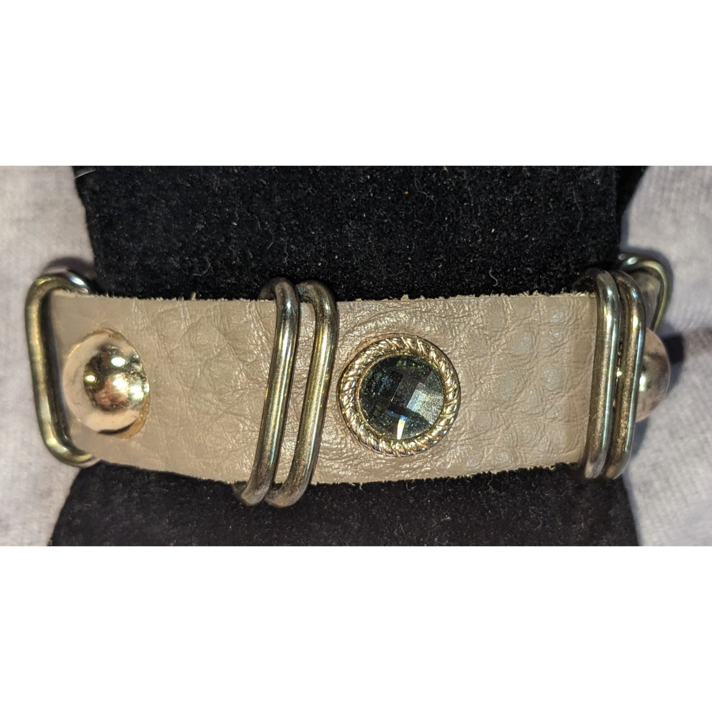 Boho Industrial Faux Leather Bracelet Black Crystal Stud Mixed Metal Hardware