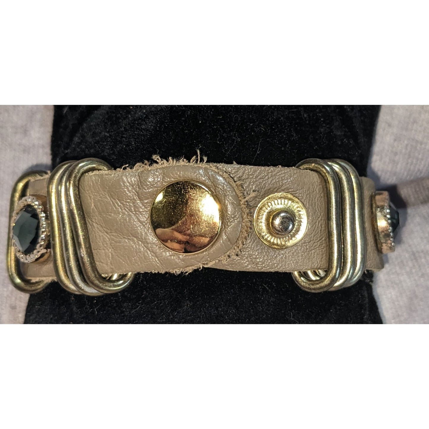Boho Industrial Faux Leather Bracelet Black Crystal Stud Mixed Metal Hardware