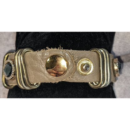 Boho Industrial Faux Leather Bracelet Black Crystal Stud Mixed Metal Hardware